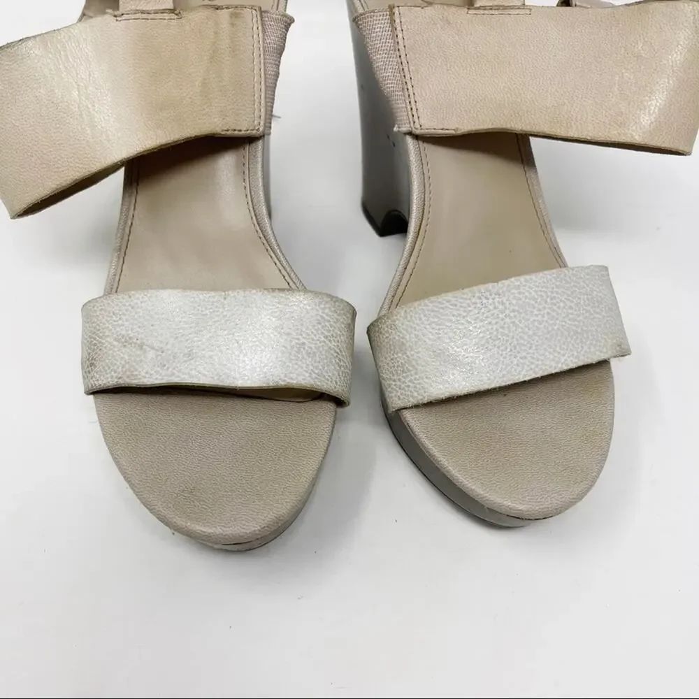 Franco Sarto Womens Size 6.5 Georgette Leather Wedge Sandal Heels Cream Bown